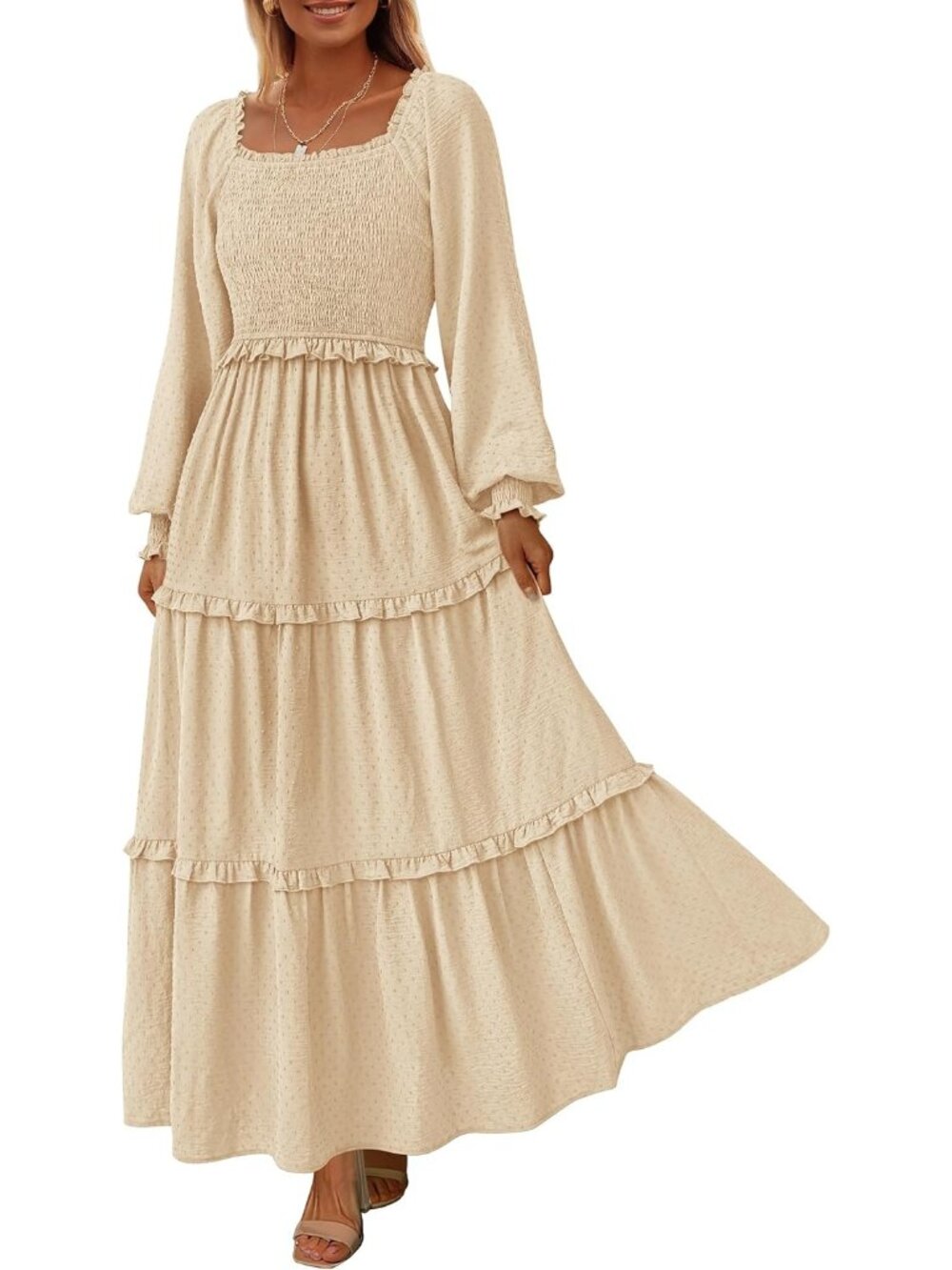Women's Beige Long Sleeve Smocked Square Neck Swiss Dot Tiered Flowy Maxi Dress